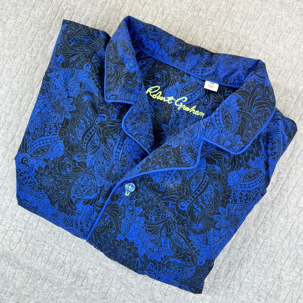 Robert‎ Graham Men/Women Pajama Top M Blue Black Paisley Long Sleeve Collared